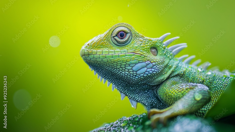 A tight shot of a green iguana perched on a branch, its face adorned with dewdrops A tight shot of a green iguana perched on a branch, its face adorned with dewdrops