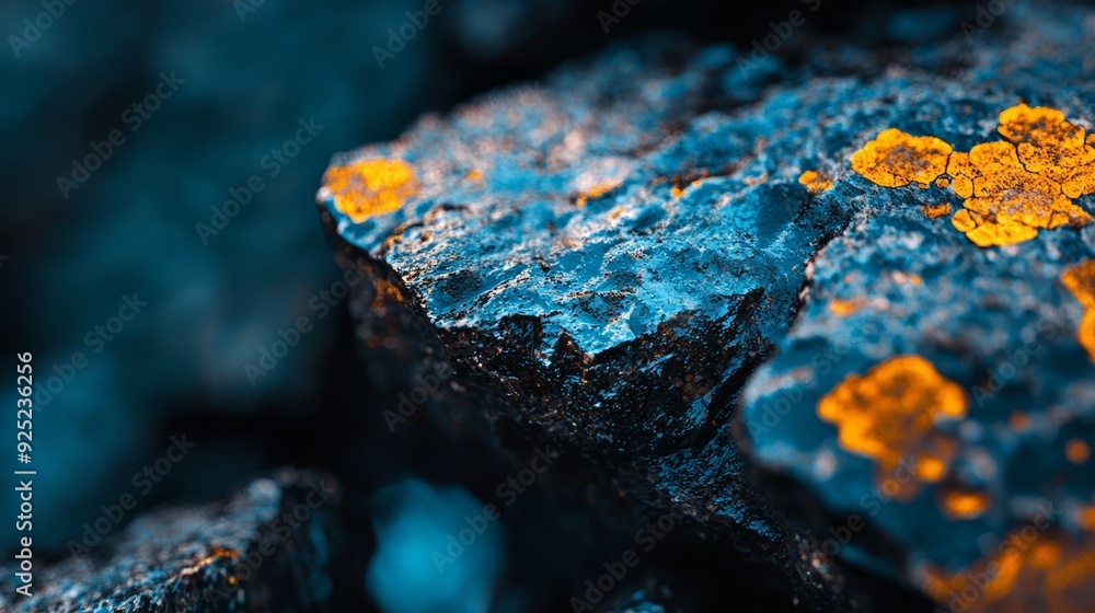 A tight shot of a stone with yellow paint splatters, surrounded by rocks in the background A tight shot of a stone with yellow paint splatters, surrounded by rocks in the background