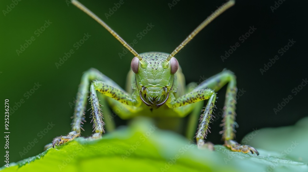 A tight shot of a grasshopper perched on a verdant leaf, surrounded by a softly blurred background A tight shot of a grasshopper perched on a verdant leaf, surrounded by a softly blurred background