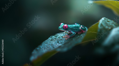  A green frog perches atop a moist leaf, surrounded by red and green plant life dotted with water droplets photo