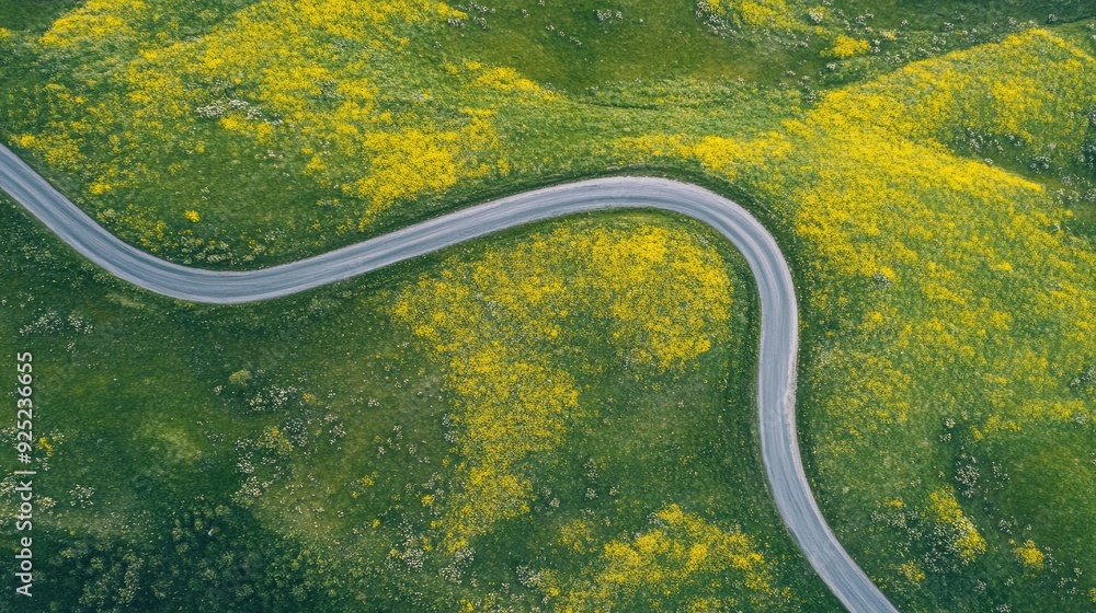 An aerial view of a winding road meandering through a green field sprinkled with yellow blooms, in early spring An aerial view of a winding road meandering through a green field sprinkled with yellow blooms, in early spring