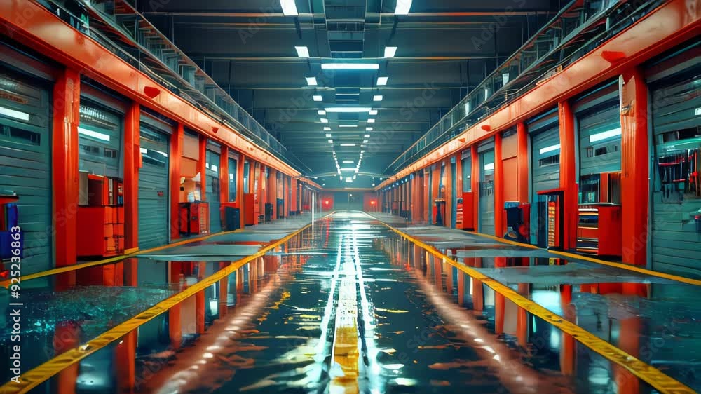 A modern, well-lit warehouse interior with high shelves and yellow floor markings A modern, well-lit warehouse interior with high shelves and yellow floor markings