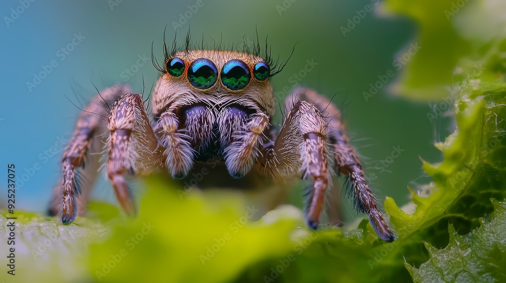 A tight shot of a jumping spider on a leafy plant; green leaves in the foreground, a blue sky in background A tight shot of a jumping spider on a leafy plant; green leaves in the foreground, a blue sky in background
