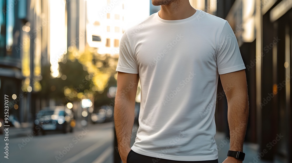 Realistic mockup of man wearing simple white t-shirt, copy space concept for presentation advertisement, blank white t-shirt mockup business. Realistic mockup of man wearing simple white t-shirt, copy space concept for presentation advertisement, blank white t-shirt mockup business.