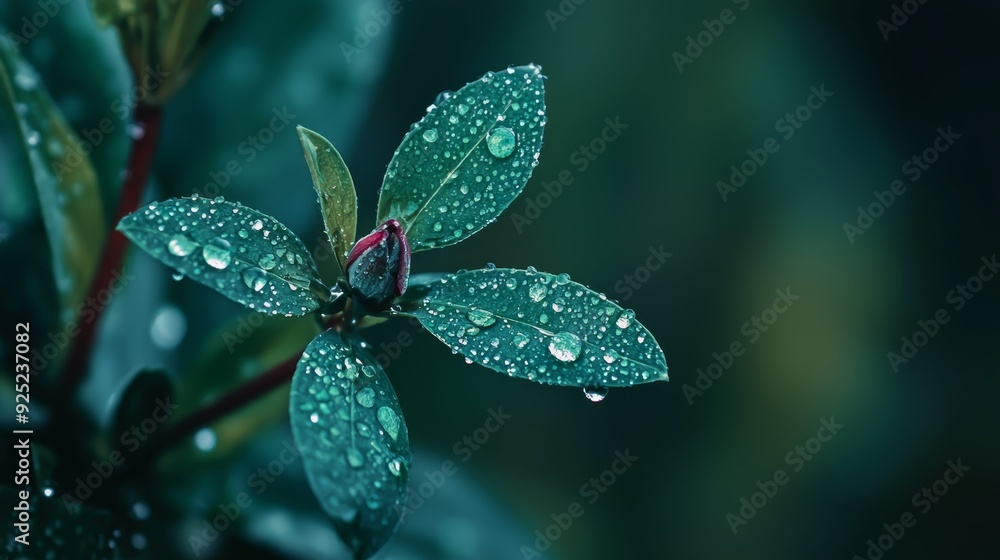 leaves dotted with water drops, a red flower bud in the midst leaves dotted with water drops, a red flower bud in the midst