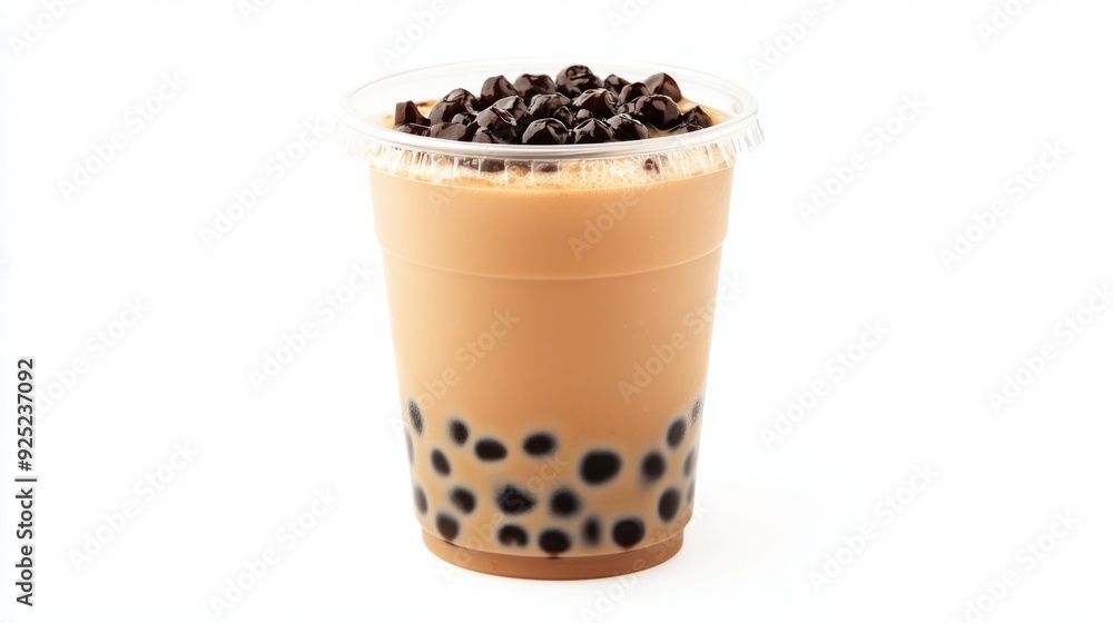 A clear plastic cup of bubble tea with creamy milk tea and black tapioca pearls at the bottom, set against a clean white background, showcasing its delicious layers. A clear plastic cup of bubble tea with creamy milk tea and black tapioca pearls at the bottom, set against a clean white background, showcasing its delicious layers.