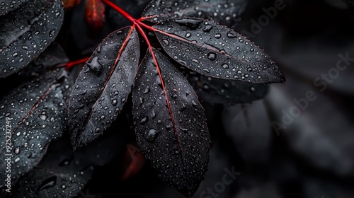  A detailed shot of a wet leaf with water droplets and a red twig protruding from it photo