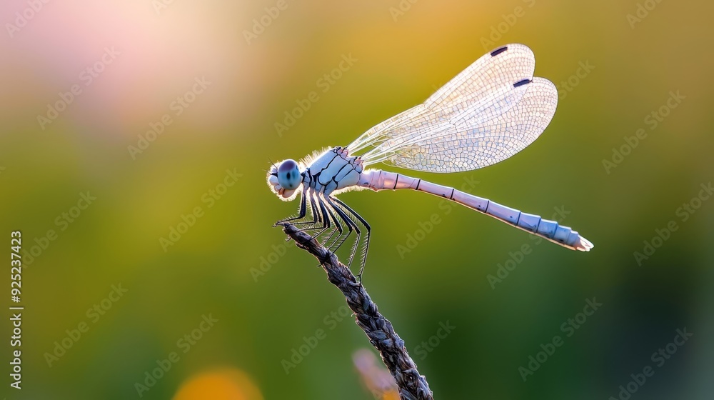 A dragonfly perched on a twig against a softly blurred backdrop of grass and flowers A dragonfly perched on a twig against a softly blurred backdrop of grass and flowers