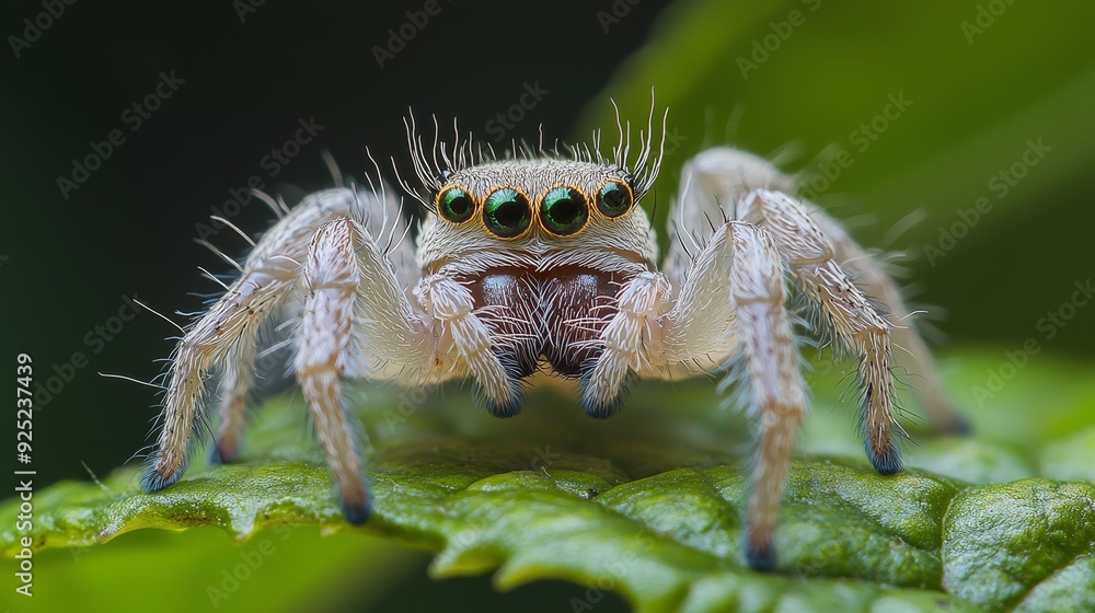 A tight shot of a jumping spider on a green leaf against a black backdrop A tight shot of a jumping spider on a green leaf against a black backdrop