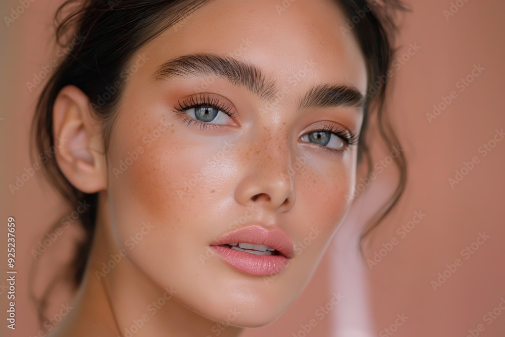 Naklejka premium close up face portrait of young pretty tan skin Asian woman with bright flawless skin, beauty cosmetic or facial skincare fashion portrait with copy space