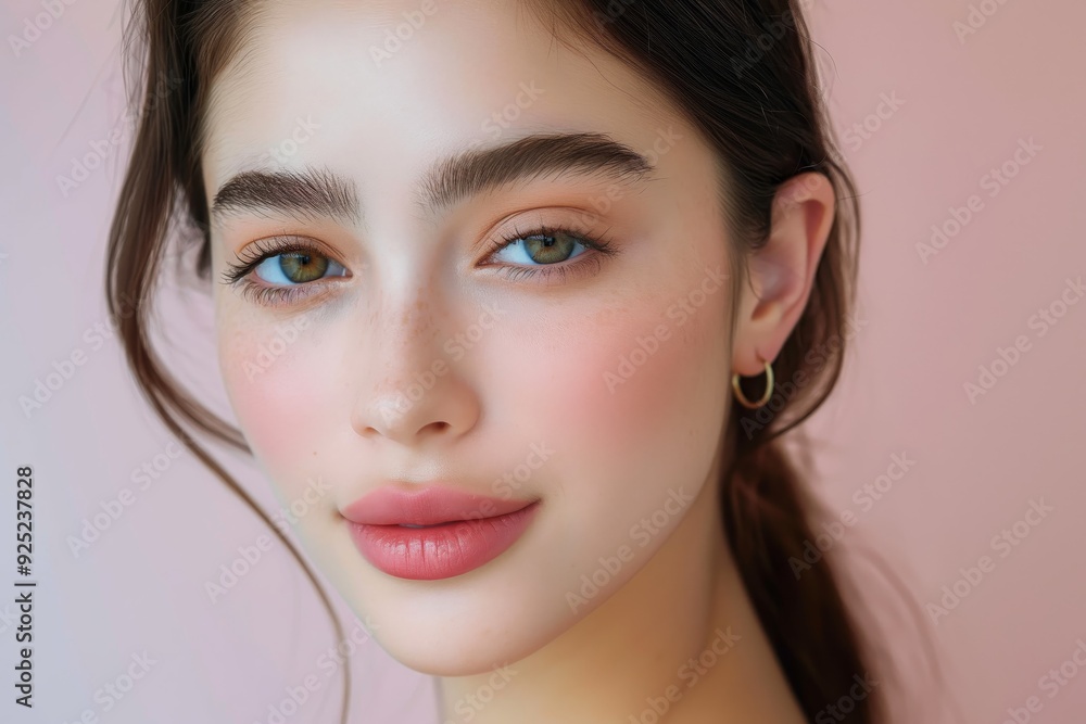 Obraz premium close up face portrait of young pretty tan skin Asian woman with bright flawless skin, beauty cosmetic or facial skincare fashion portrait with copy space