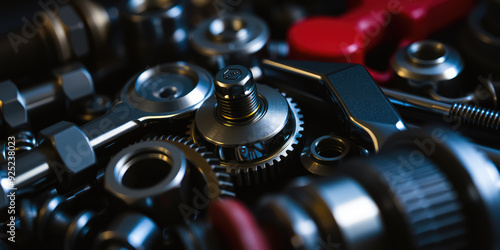 Close-up of different mechanical components and tools