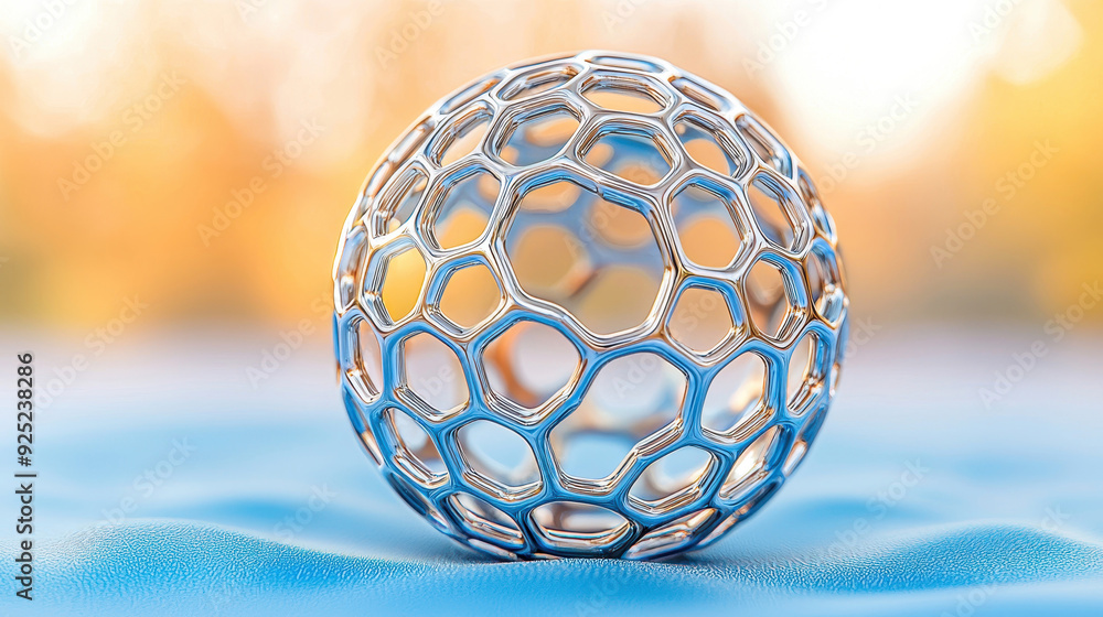 A detailed and artistic rendering of a metallic sphere with a honeycomb pattern, set against a soft blurred background. A detailed and artistic rendering of a metallic sphere with a honeycomb pattern, set against a soft blurred background.