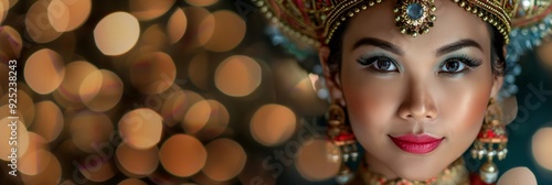 A woman in ornate red attire and a decorative crown gazes directly at the camera, set against a background of bokeh lights, exuding royalty.