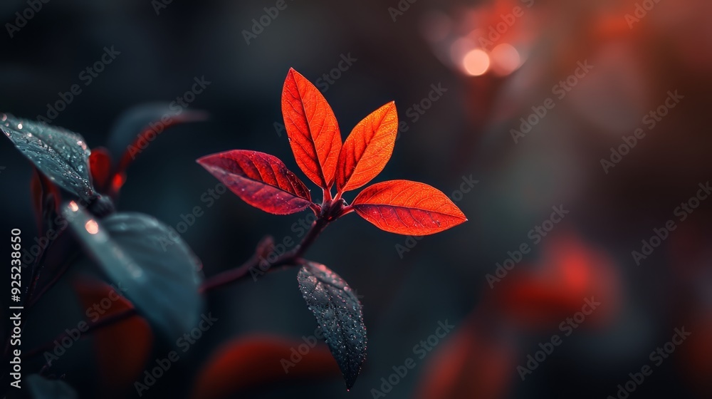 A red leaf, closely framed on a branch, features water droplets Background softly blurred A red leaf, closely framed on a branch, features water droplets Background softly blurred