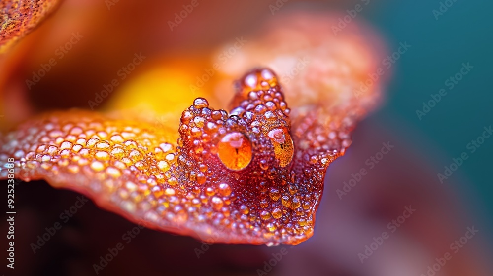 A tight shot of a flower with dewdrops on its petals and the floret at its core A tight shot of a flower with dewdrops on its petals and the floret at its core