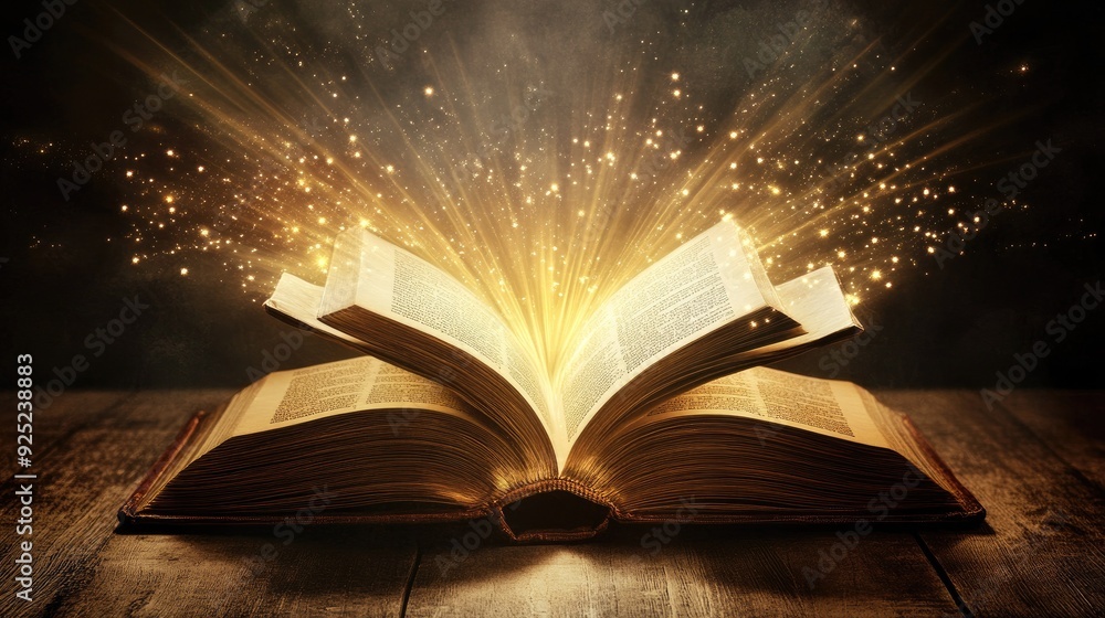 An open book with beams of light shooting from its pages, creating a dramatic, magical effect An open book with beams of light shooting from its pages, creating a dramatic, magical effect