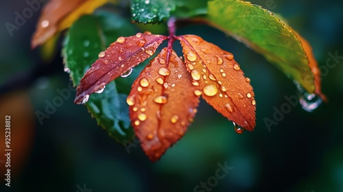  A tight shot of a wet leaf, dotted with water droplets, against a backdrop of verdant foliage