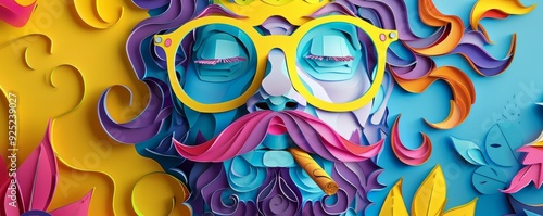 Colorful abstract paper cut art of a man with glasses and crown