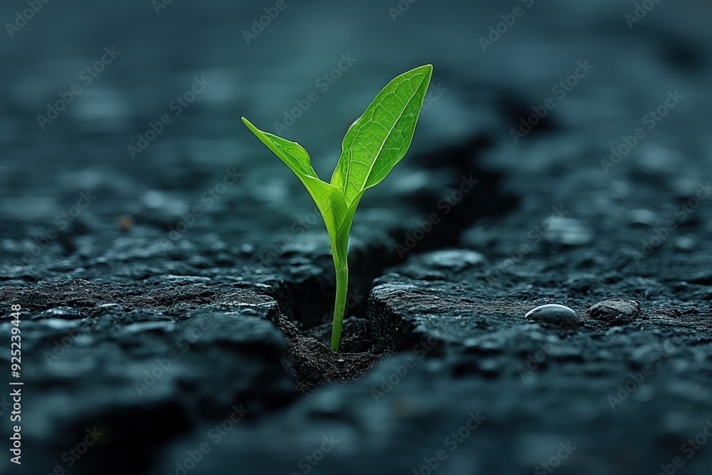 Green Seedling Growing Through Cracked Asphalt Green Seedling Growing Through Cracked Asphalt