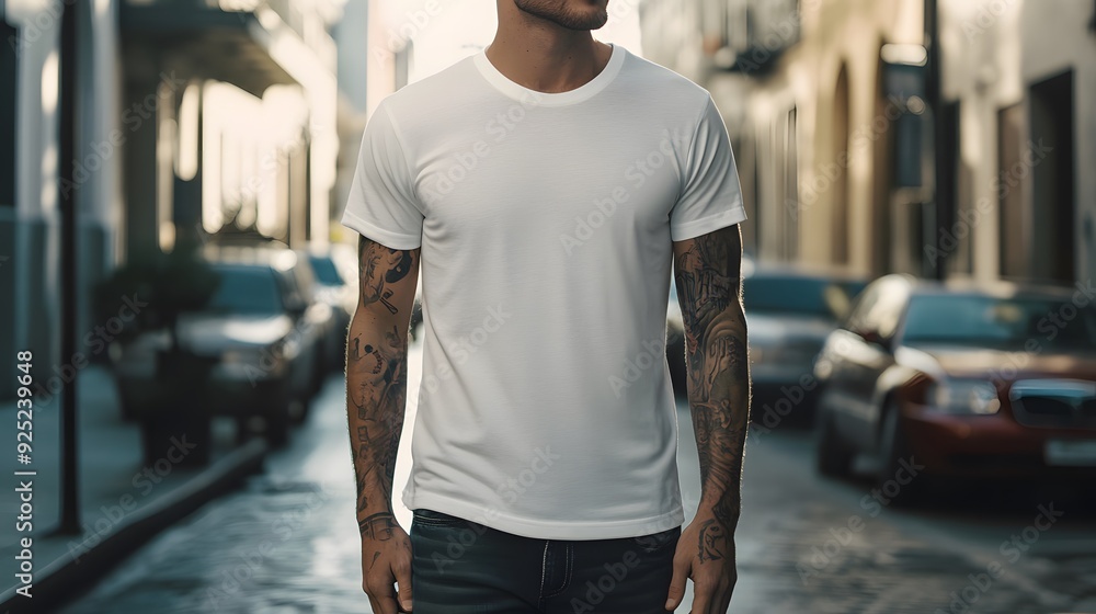 Realistic mockup of man wearing simple white t-shirt, copy space concept for presentation advertisement, blank white t-shirt mockup business. Realistic mockup of man wearing simple white t-shirt, copy space concept for presentation advertisement, blank white t-shirt mockup business.