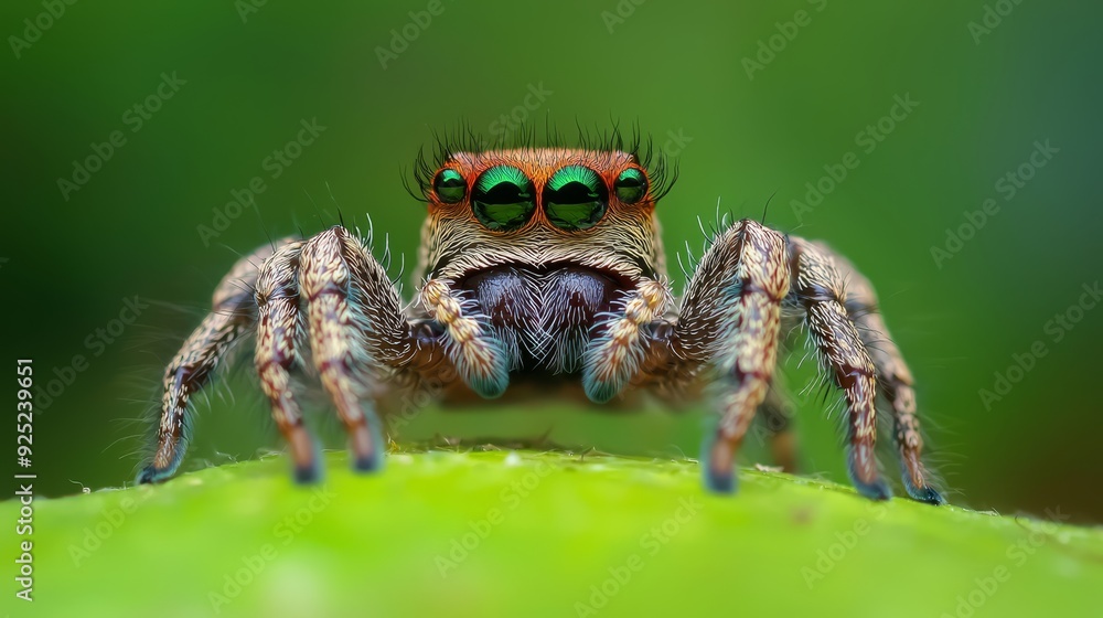 A tight shot of a jumping spider on a verdant leaf, its gaze fixed at the leaf tip where its eyes are located A tight shot of a jumping spider on a verdant leaf, its gaze fixed at the leaf tip where its eyes are located