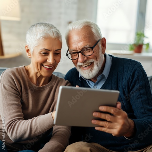 In the comfort of their home, a mature couple, a woman and a senior man, happily explore the internet together on a tablet. Their active retirement is enriched by the use of technology, fostering thei photo