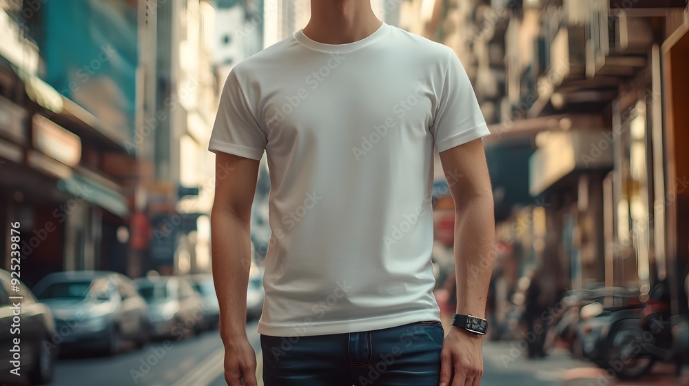 Realistic mockup of man wearing simple white t-shirt, copy space concept for presentation advertisement, blank white t-shirt mockup business. Realistic mockup of man wearing simple white t-shirt, copy space concept for presentation advertisement, blank white t-shirt mockup business.