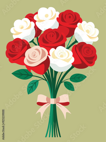Illustration of a bouquet of red and white roses tied with a ribbon on a green background.