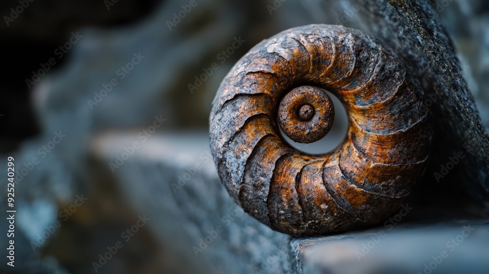 A tight shot of a snail's intricately textured shell atop a stone bench in the park Surrounding background softly blurred A tight shot of a snail's intricately textured shell atop a stone bench in the park Surrounding background softly blurred