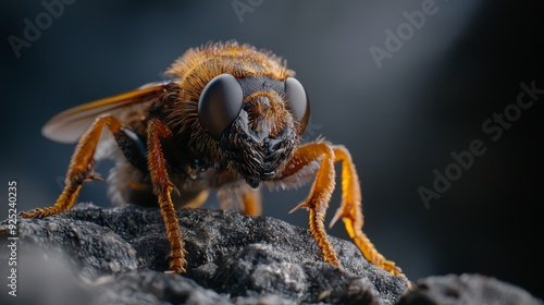  A tight shot of a fly perched on a rock, background softly blurred Or, A fly up-close on a rock; backdrop subtly blurred, dark