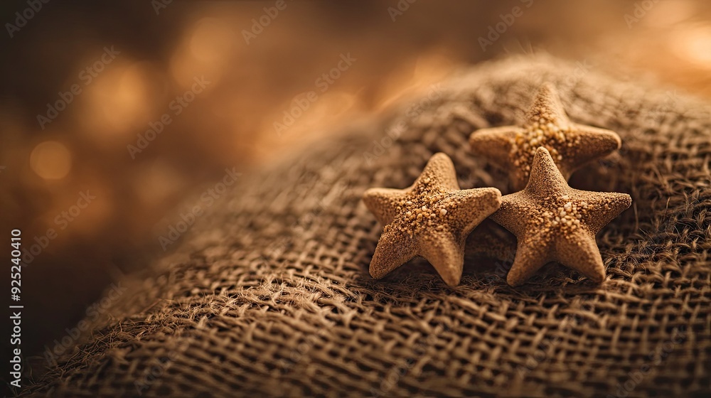 Close-up of three star-shaped spices resting on a textured fabric surface, with a warm, moody background Close-up of three star-shaped spices resting on a textured fabric surface, with a warm, moody background