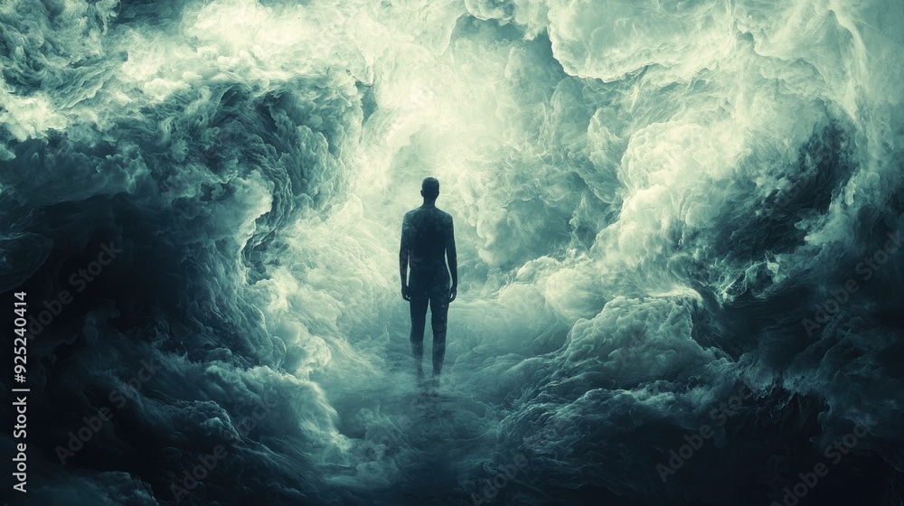 A serene figure stands amidst swirling clouds representing inner turmoil symbolizing anxiety and stress. The subject appears introspective on a journey toward mental healing, with soft light A serene figure stands amidst swirling clouds representing inner turmoil symbolizing anxiety and stress. The subject appears introspective on a journey toward mental healing, with soft light