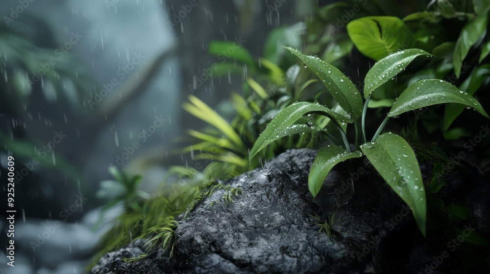 A tight shot of a rock bearing a plant as it sprouts, with rainfall cascading behind A tight shot of a rock bearing a plant as it sprouts, with rainfall cascading behind
