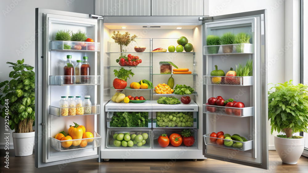 open refrigerator full of fresh fruits and vegetables, shelves, healthy eating, kitchen, herbs, vitamins, apples, cucumbers, bell peppers, tomatoes, carrots, spinach, broccoli, cooling equipment, cold open refrigerator full of fresh fruits and vegetables, shelves, healthy eating, kitchen, herbs, vitamins, apples, cucumbers, bell peppers, tomatoes, carrots, spinach, broccoli, cooling equipment, cold