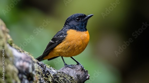  A small orange-and-black bird perches on a mossy tree branch against a blurred background