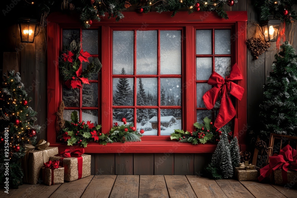 Cozy Christmas window scene with decorated trees and gift boxes in a winter setting Cozy Christmas window scene with decorated trees and gift boxes in a winter setting