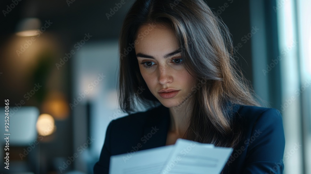 A close-up of a businesswoman in a navy blue blazer, looking at documents with a focused expression, surrounded by office tools and a professional workspace. A close-up of a businesswoman in a navy blue blazer, looking at documents with a focused expression, surrounded by office tools and a professional workspace.