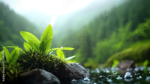  A green plant atop a rock in a lush, forested scene, teeming with numerous green leaves