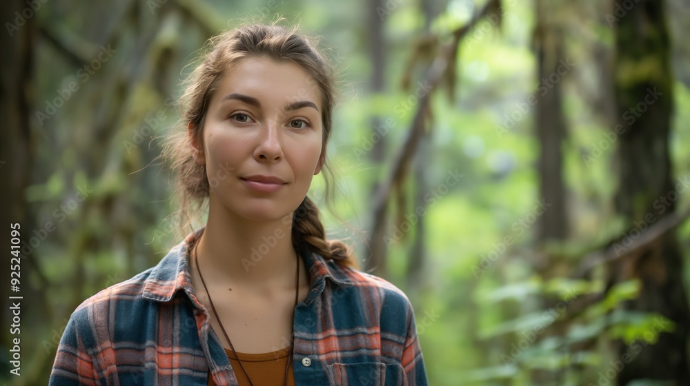 A woman wearing a flannel shirt stands serenely in a lush forest, surrounded by greenery and natural beauty, radiating peace and contentment. A woman wearing a flannel shirt stands serenely in a lush forest, surrounded by greenery and natural beauty, radiating peace and contentment.