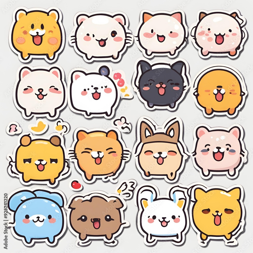 Adorable set of cute, chubby animal stickers with various expressions. Perfect for decorating journals, scrapbooks, or digital projects. Adorable set of cute, chubby animal stickers with various expressions. Perfect for decorating journals, scrapbooks, or digital projects.