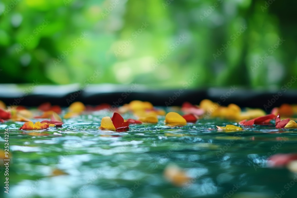 Serene water surface adorned with vibrant autumn leaves, creating a peaceful and natural ambiance in a lush garden setting. Serene water surface adorned with vibrant autumn leaves, creating a peaceful and natural ambiance in a lush garden setting.