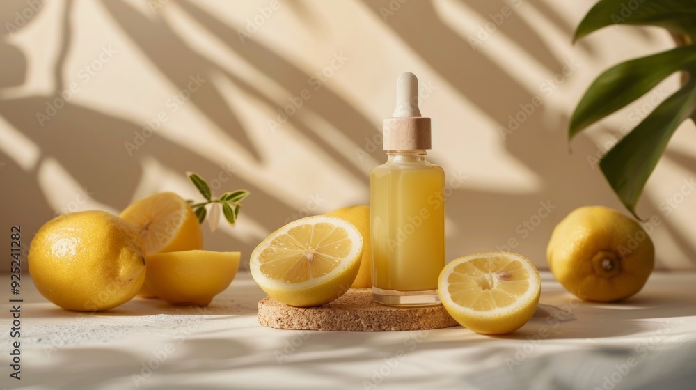 Product photography of a lemon serum cosmetics, blank mockup