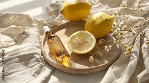 Product photography of a lemon serum cosmetics, blank mockup