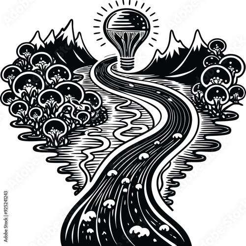 Abstract black and white illustration depicting a stream of ideas as light bulbs floating along a curved path.