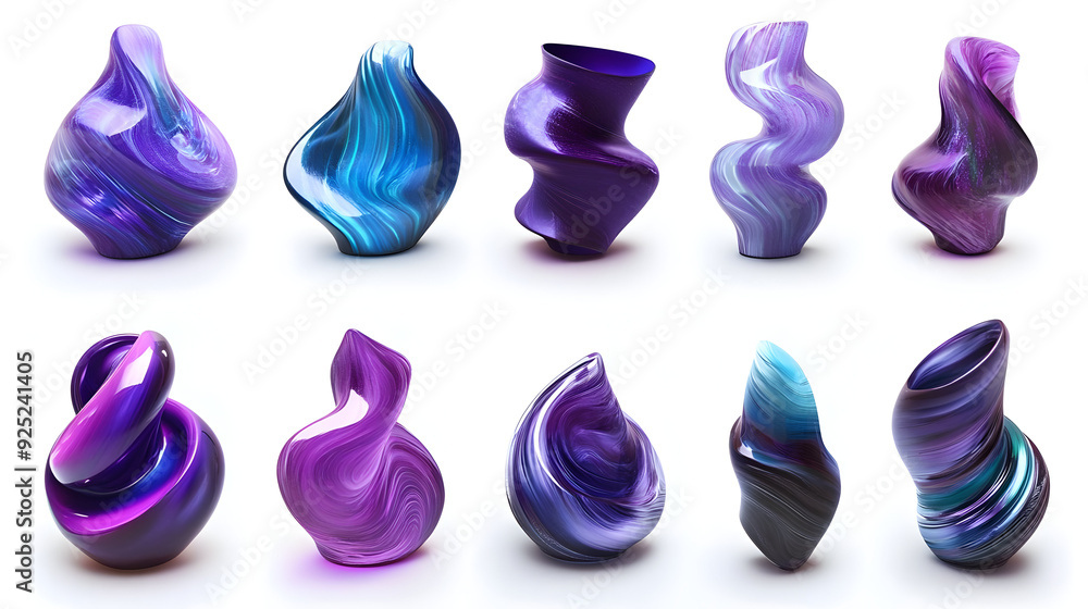 A collection of abstract, swirling, purple-hued sculptures showcasing artistic design. A collection of abstract, swirling, purple-hued sculptures showcasing artistic design.