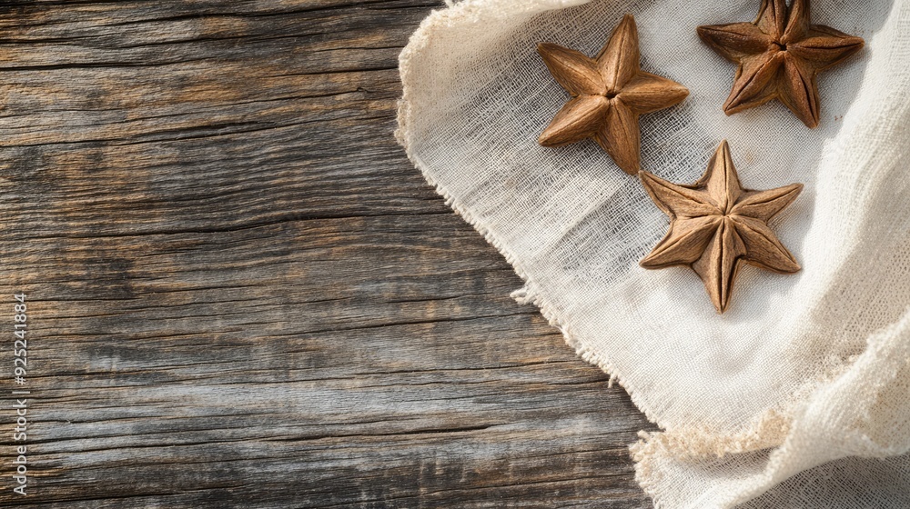 Three dried star-shaped spices on a white cloth, placed on a rustic wooden table, with subtle shadows Three dried star-shaped spices on a white cloth, placed on a rustic wooden table, with subtle shadows