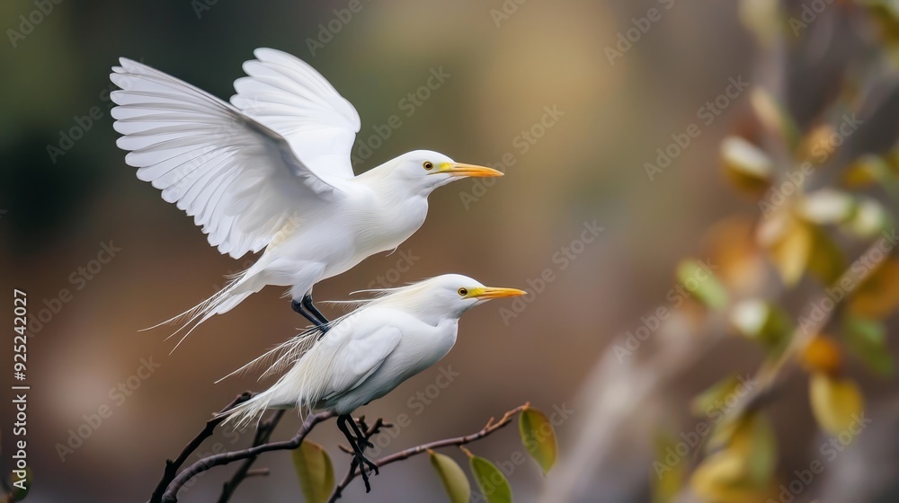 Two white birds perch on a tree branch, wings outstretched against clear sky, hazy background Two white birds perch on a tree branch, wings outstretched against clear sky, hazy background