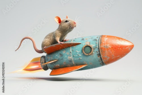 Rat riding a rocket on white background