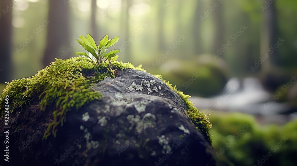 A tiny plant thrives atop a rock, nestled in a forest with a gurgling stream as its backdrop A tiny plant thrives atop a rock, nestled in a forest with a gurgling stream as its backdrop